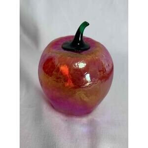 Hand Blown Glass Apple Iridescent Multicolored Green Stem Decorative